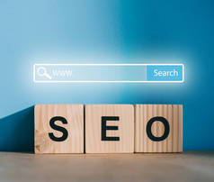搜索引擎优化块在蓝色背景与网站搜索栏