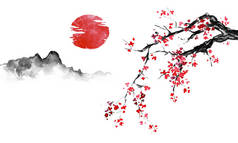 日本传统的染发漆。印第安墨水例证。日本图片。樱花, 太阳和山