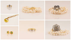 镶嵌有钻石戒指、金坠、翡翠耳环、绣花和珍珠项链的珠宝串串