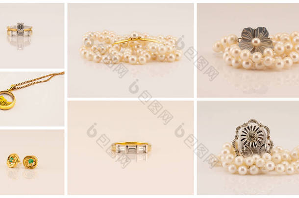 镶嵌有<strong>钻石戒指</strong>、金坠、翡翠耳环、绣花和珍珠项链的珠宝串串