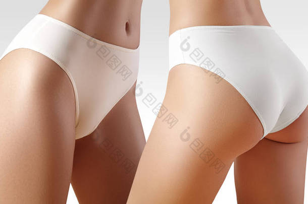 Spa 和健身。在白色内裤健康苗条的身材。美丽性感的臀部与清洁皮肤。健身或整形手术。没有脂肪的完美臀部.