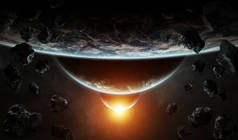 太阳升起时与外行星在太空中的遥远的行星系统，由NASA提供该图像的3D渲染元素