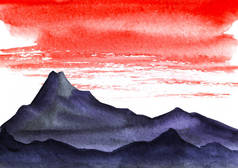 简约的景观。高山的黑暗剪影。明亮的红色天空与厚重的地层云。白色背景上的手绘水彩插图.