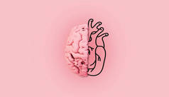 最小的粉色大脑，有插图心脏3D渲染