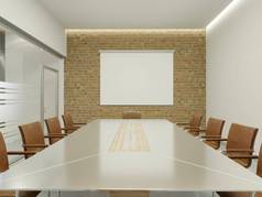 会议室的设计。棕色椅子, 宽敞, 哑光玻璃桌
