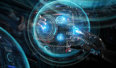 机器人手和人的手接触数字球面图形界面上的黑暗背景3d 渲染