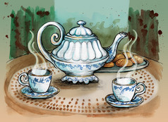 茶壶和茶杯放在桌上