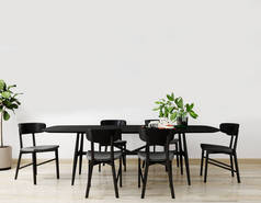色彩艳丽的客厅里,有黑色的桌子和椅子桌子,装饰华丽.客厅的室内模拟。具有明亮日光的现代设计室。3D渲染
