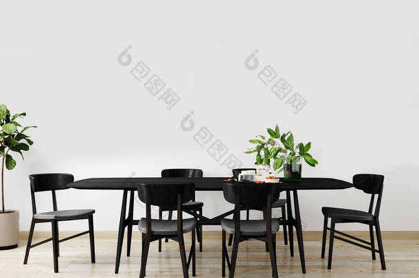 色彩艳丽的<strong>客厅</strong>里,有黑色的桌子和椅子桌子,装饰华丽.<strong>客厅</strong>的室内模拟。具有明亮日光的现代设计室。3D渲染