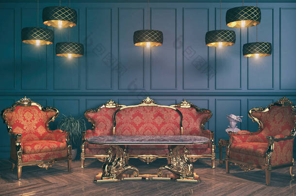 古式维多利亚式<strong>客厅</strong>的3D渲染，<strong>带</strong>有沙发、扶手椅、侧桌和绿色植物- -古典风格的豪华<strong>客厅</strong>- -复古风格