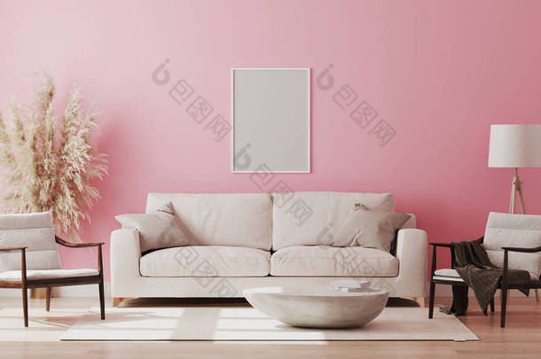粉红房间内部的空白画框，3D渲染