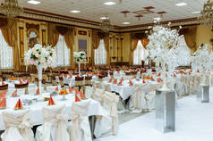 大厅的婚礼庆典装饰在冬季童话的明亮的色彩