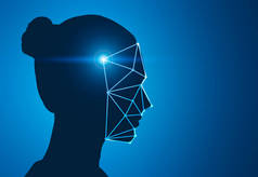 深蓝色背景下的女性头部剪影, 具有人脸识别和生物识别验证技术。高科技的概念。