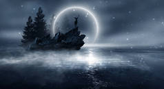 具有抽象森林景观的未来主义夜景. 黑暗的自然森林场景,月光倒映在水面上,霓虹蓝光. 黑暗的霓虹灯背景，黑暗的森林，鹿岛.