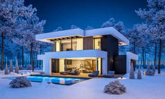 三维渲染现代舒适的房子，带有游泳池和停车场出售或租赁的豪华风格和美丽的背景景观。寒冷的冬夜，天上有星星.