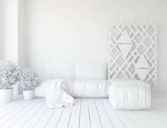 一个白色的斯堪的纳维亚客厅内部与沙发, 植物和木地板的想法。家北欧内饰。3d 插图