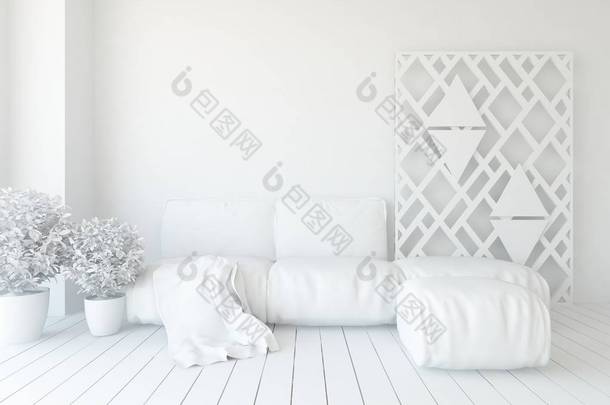 一个白色的斯堪的纳维亚客厅内部与沙发, <strong>植物</strong>和木地板的想法。家<strong>北欧</strong>内饰。3d 插图