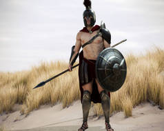 斯巴达人一个战斗的肖像硬化希腊斯巴达女战士装备了一把剑和长矛准备战斗。3d 渲染.
