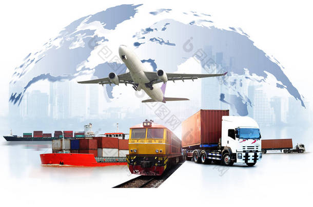 运输、进出口和物流概念、<strong>集装箱卡车</strong>、港口船舶和运输中的货运飞机以及进出口商业物流、航运业