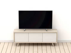 木制电视机机柜和大屏幕电视机前视图
