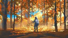 宇航员在秋天的森林中，看着手中的奇异光芒，数字艺术风格，插图绘画