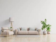 明亮舒适的现代客厅内部有沙发和白墙背景的灯。