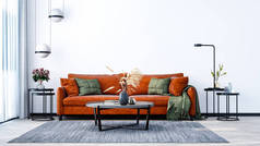 室内居室的现代室内设计、家居、办公室、明亮的橙色沙发、鲜花和白墙背景下的现代室内装饰.