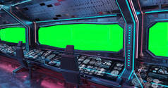 垃圾飞船内部绿色背景3d 渲染