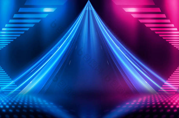 空荡荡的舞台表演背景. 霓虹蓝光和紫光及激光表演. 黑暗背景下的激光未来主义形状。 带有霓虹灯的抽象深色背景