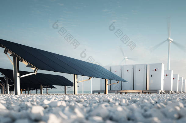 可再生能源存储的概念在现代黑色光伏、模块化电池储能系统和风力涡轮机系统的背景下。3d 渲染.