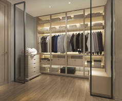 3d 渲染豪华斯堪的纳维亚木材走在衣柜的衣柜