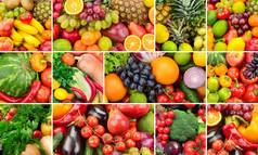 健康食品拼贴画。水果和蔬菜.