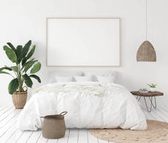 卧室里的模型海报框，斯堪的纳维亚风格，3D渲染