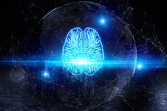 创造性的数字发光的大脑在模糊的背景。Ai 和未来的概念。3d 渲染