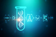 白色 dna 螺旋在试管在蓝色绿色背景与科学和医学图标。生物技术、生物学、医学和科学概念。3d 渲染模拟色调图像