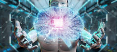 模糊背景下的机器人在数字大脑中创建人工智能3d 渲染