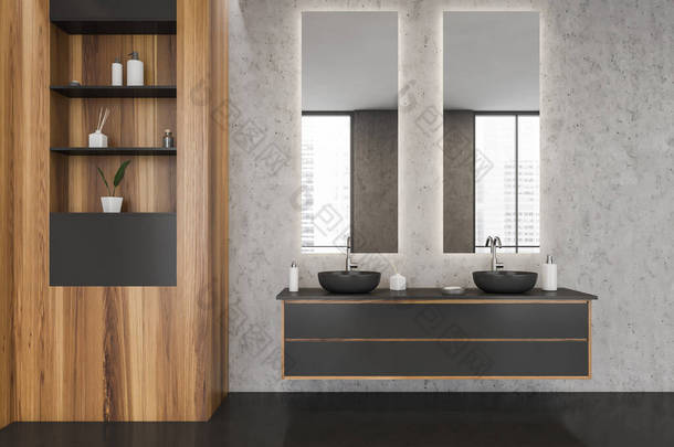 在时尚浴室的内部，有噪音大理石墙，明亮的木柜，开放的架子，有两个水池的虚荣，两个镜子和一个水泥地面。现代公寓设计的概念。3d渲染