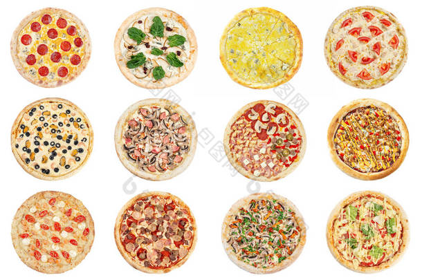 一套白色背景的<strong>意大利披萨</strong>。大量收藏各种<strong>披萨</strong>。新鲜美味的<strong>披萨</strong>拼贴集。顶部视图