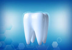 在蓝色背景上发光的牙齿模型。牙科保健