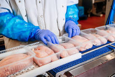 肉类生产线用包装和切割方式生产肉类.肉类工厂的工业设备。肉类加工厂。肉类生产线.