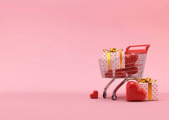 Shopping cart, trolley with gift boxes and hearts on pink background with free space for text, copy 