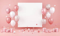 三维渲染生日情人节婚宴背景的概念，背景为粉色主题气球，背景为空白纸复制空间，用于文字和礼物。3D渲染.