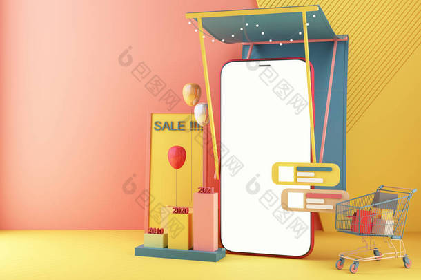 手机代表店面的前端。在线购物移动应用概念数字营销与购物车彩绘彩绘彩绘彩绘贴图与通信条和统计栏3D渲染