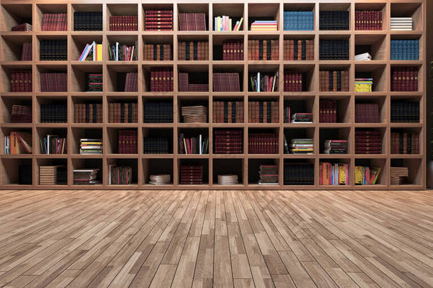 现代大型图书馆设计，木制书架与木制花篮现实三维渲染