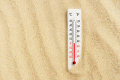 炎热的夏天沙中的温度和华氏温标温度计。环境温度加2度