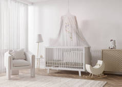 现代舒适的儿童房。内部是丑闻式的。婴儿床，扶手椅，玩具，白色的墙壁。给孩子们的照明空间3D渲染.