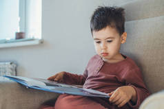 一个小男孩坐在沙发上学习一个人在家专心看书的画像。阅读，认知能力。教育、学习、学习.