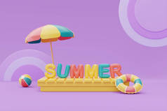 带紫色背景的彩色夏季海滩元素的夏季展示，3D渲染