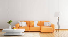 Cozy orange sofa in modern white wooden wall in empty room with plants orange juice carpet and floor
