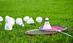 Shuttlecocks and badminton rackets on the green field